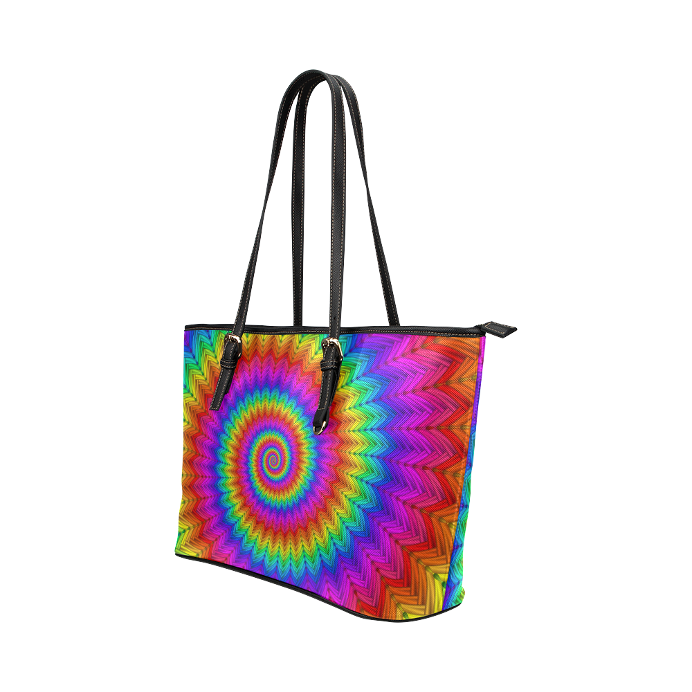 Psychedelic Rainbow Spiral Leather Tote Bag/Large (Model 1651)