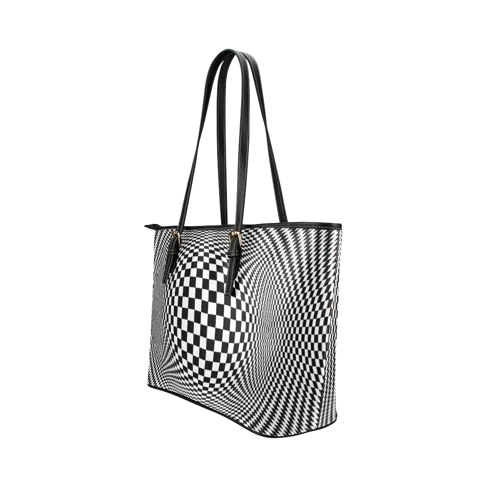 Optical Illusion Checkers Leather Tote Bag/Large (Model 1651)