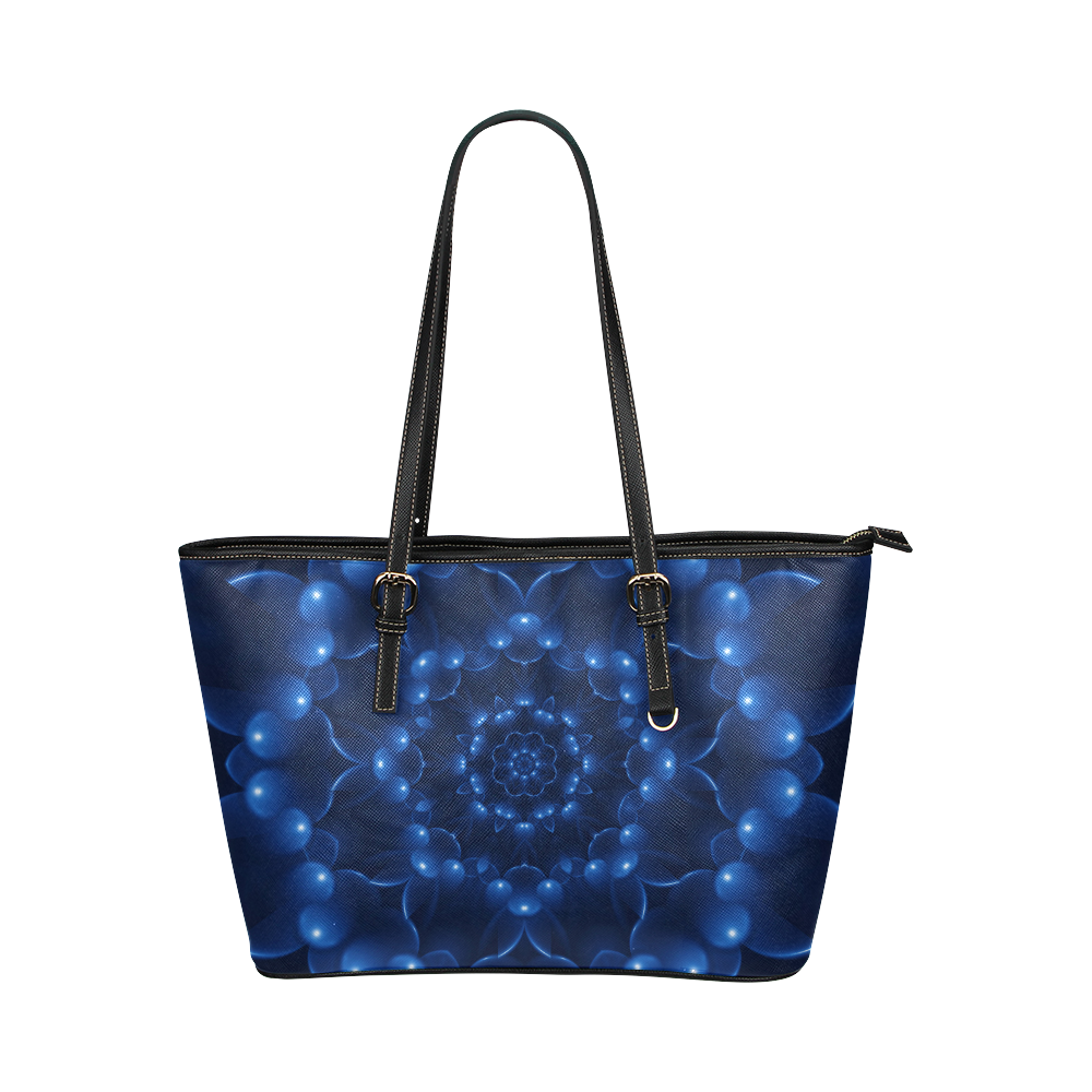 Glossy Blue Spiral Fractal Leather Tote Bag/Small (Model 1651)