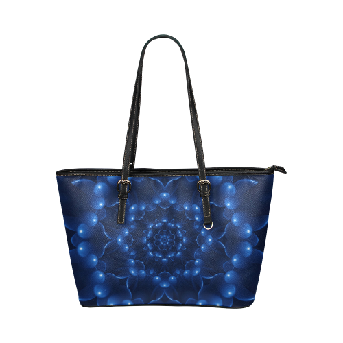 Glossy Blue Spiral Fractal Leather Tote Bag/Small (Model 1651)