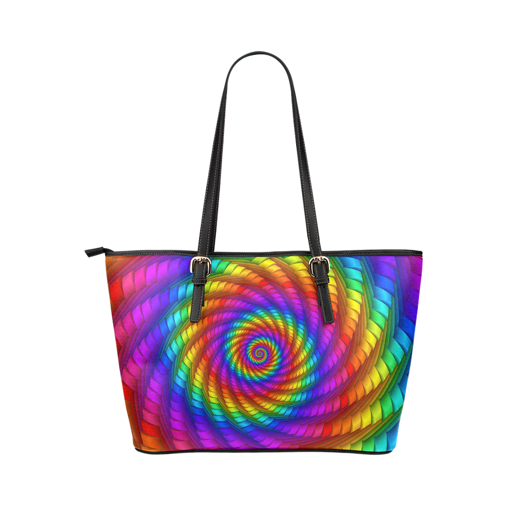 Pyschedelic Rainbow Spiral Leather Tote Bag/Large (Model 1651)