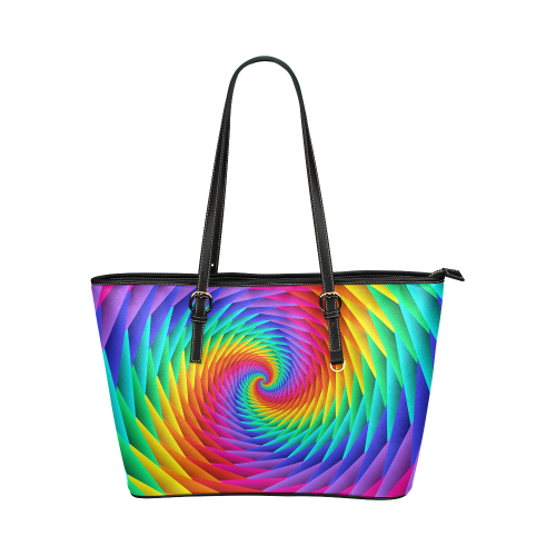 Pyschedelic Rainbow Spiral Leather Tote Bag/Large (Model 1651)