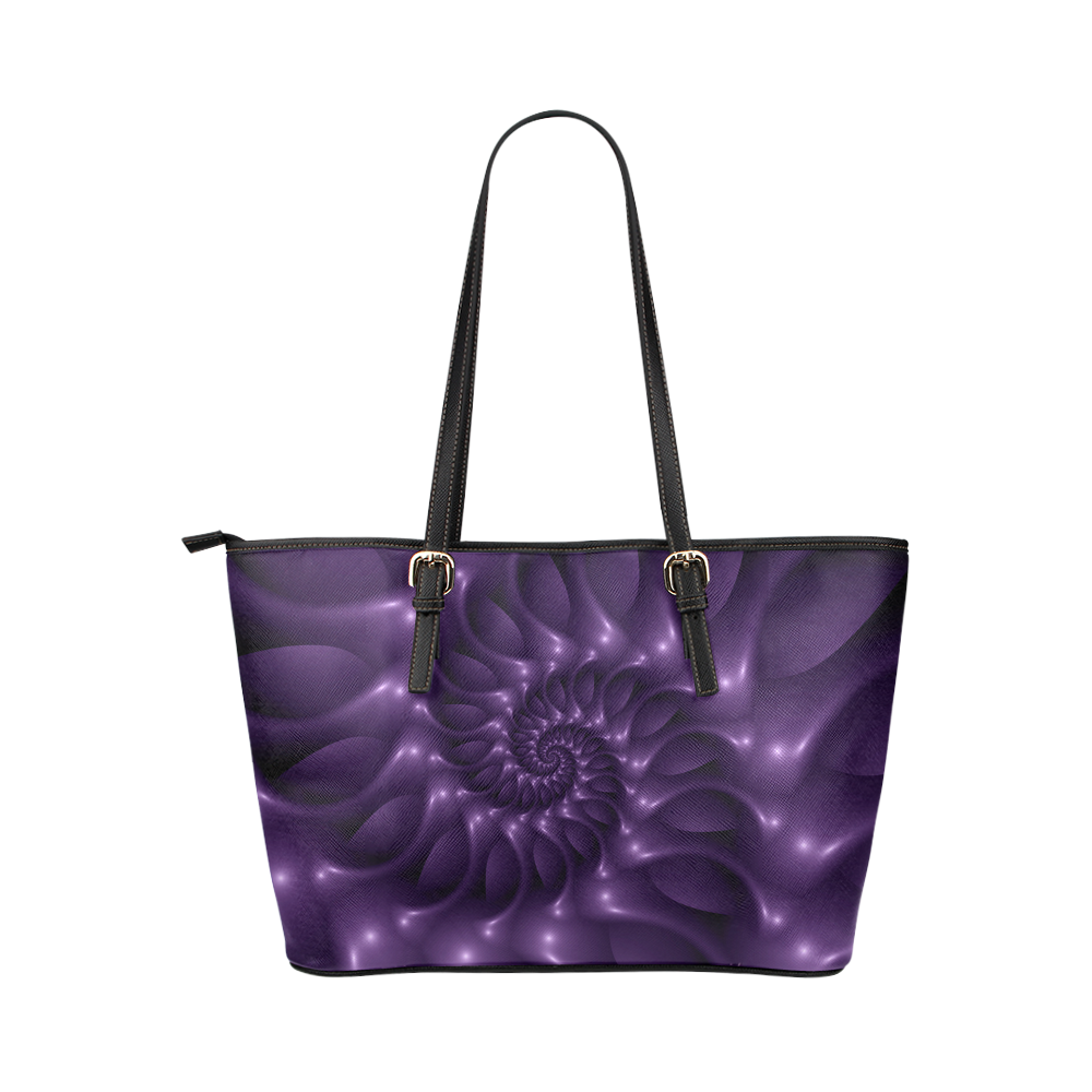 Glossy Purple Spiral Fractal Leather Tote Bag/Large (Model 1651)
