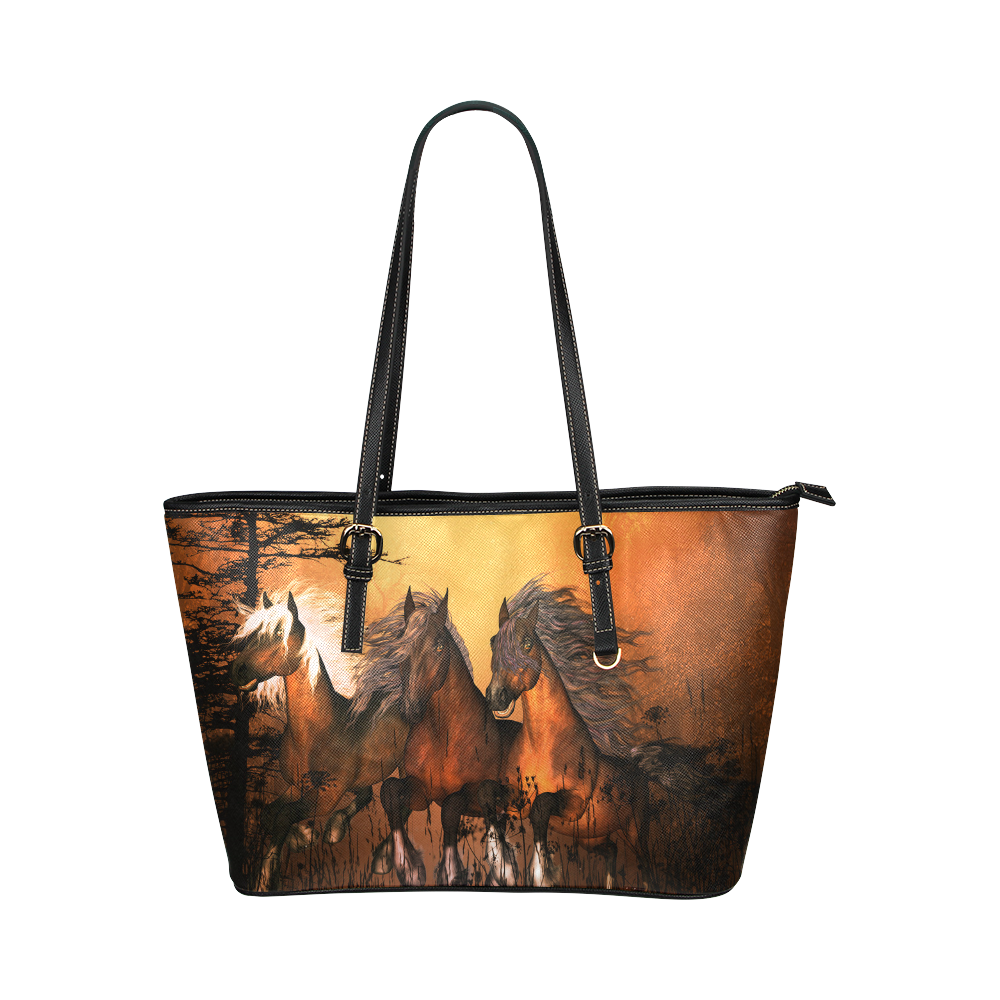 Horses Leather Tote Bag/Small (Model 1651)