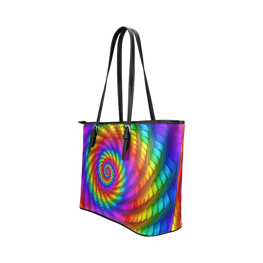 Pyschedelic Rainbow Spiral Leather Tote Bag/Small (Model 1651)