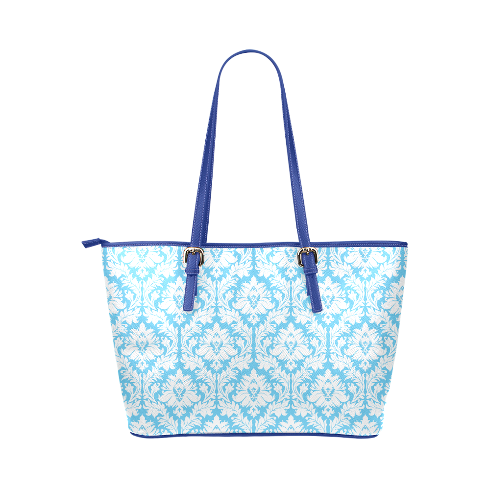 damask pattern bright blue and white Leather Tote Bag/Large (Model 1651)
