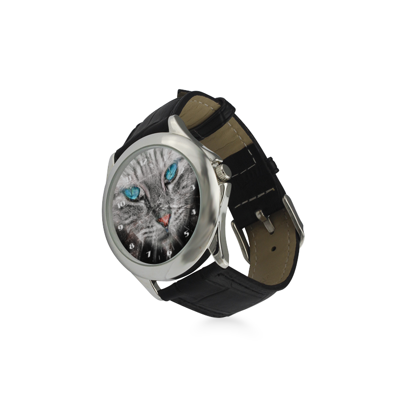 Silver Abstract Cat Face with blue Eyes Women's Classic Leather Strap Watch(Model 203)