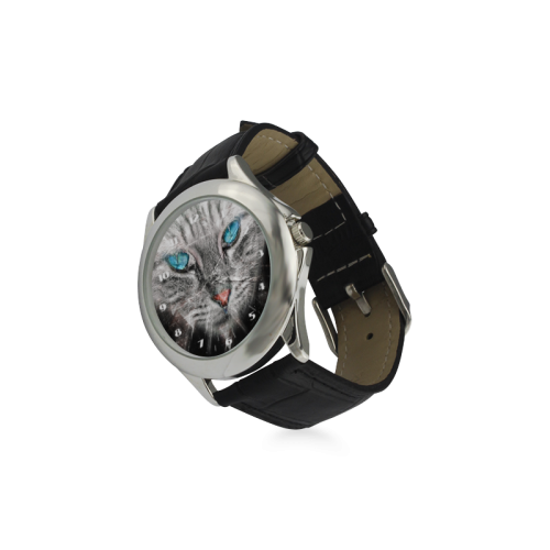Silver Abstract Cat Face with blue Eyes Women's Classic Leather Strap Watch(Model 203)
