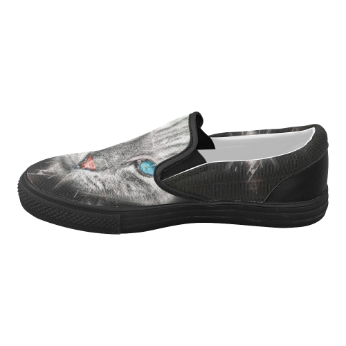 Silver Abstract Cat Face with blue Eyes Women's Slip-on Canvas Shoes (Model 019)