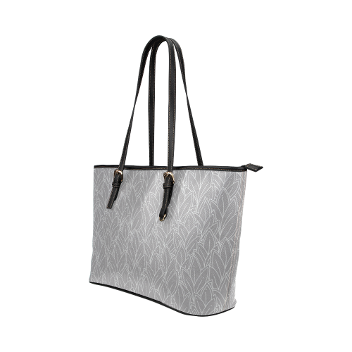 doodle leaf pattern grey & white Leather Tote Bag/Large (Model 1651)