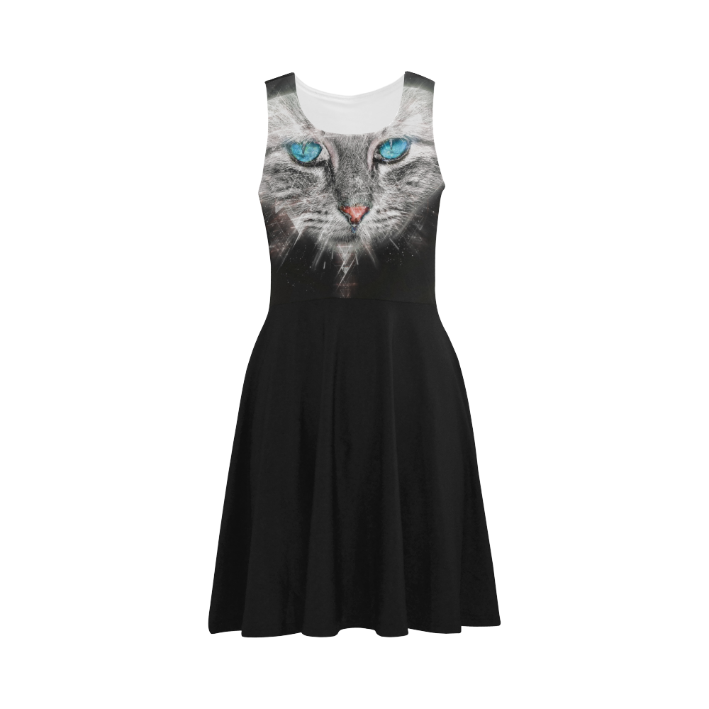 Silver Abstract Cat Face with blue Eyes Atalanta Sundress (Model D04)