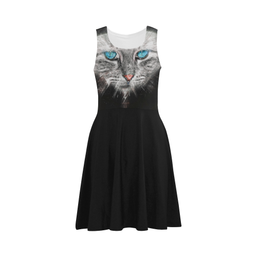 Silver Abstract Cat Face with blue Eyes Atalanta Sundress (Model D04)