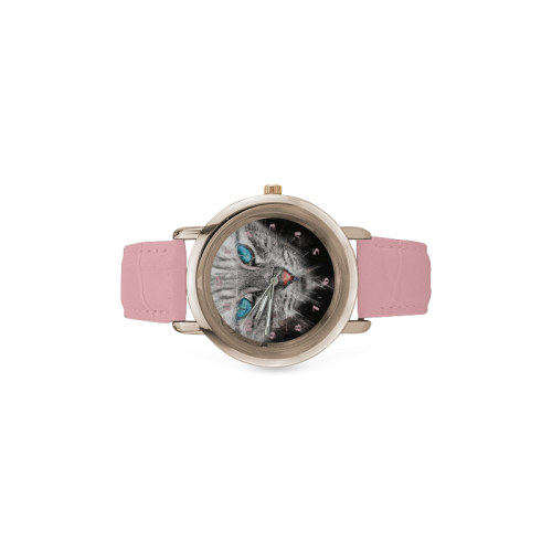 Silver Abstract Cat Face with blue Eyes Women's Rose Gold Leather Strap Watch(Model 201)