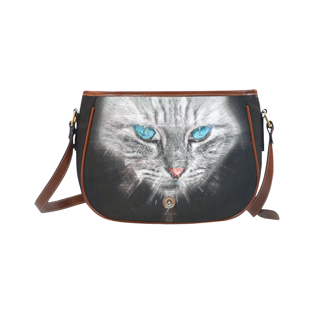 Silver Abstract Cat Face with blue Eyes Saddle Bag/Large (Model 1649)