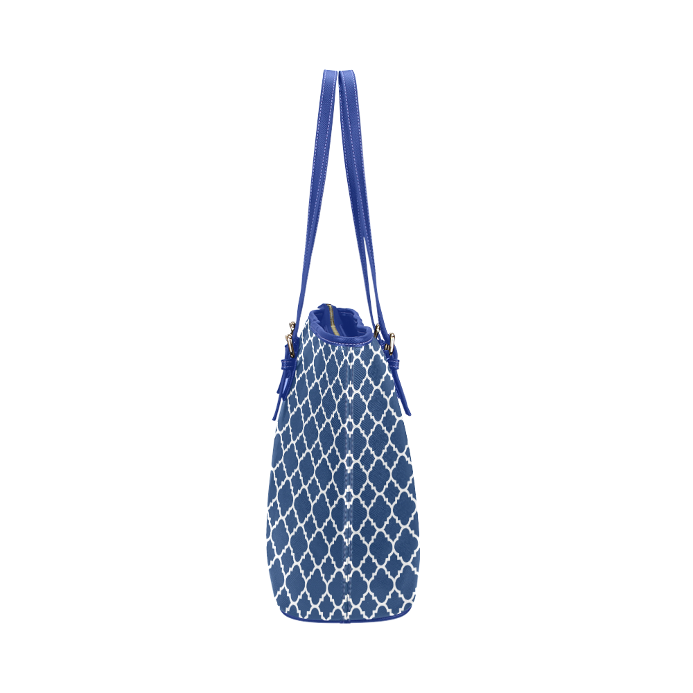 dark blue white quatrefoil classic pattern Leather Tote Bag/Small (Model 1651)
