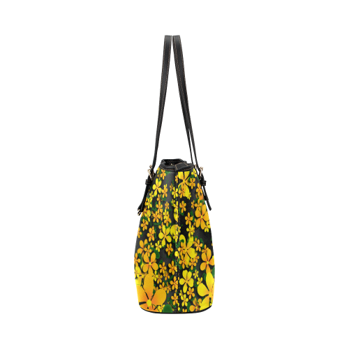 Orange & Yellow Flowers on Black Leather Tote Bag/Small (Model 1651)
