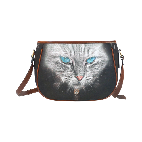 Silver Abstract Cat Face with blue Eyes Saddle Bag/Small (Model 1649) Full Customization