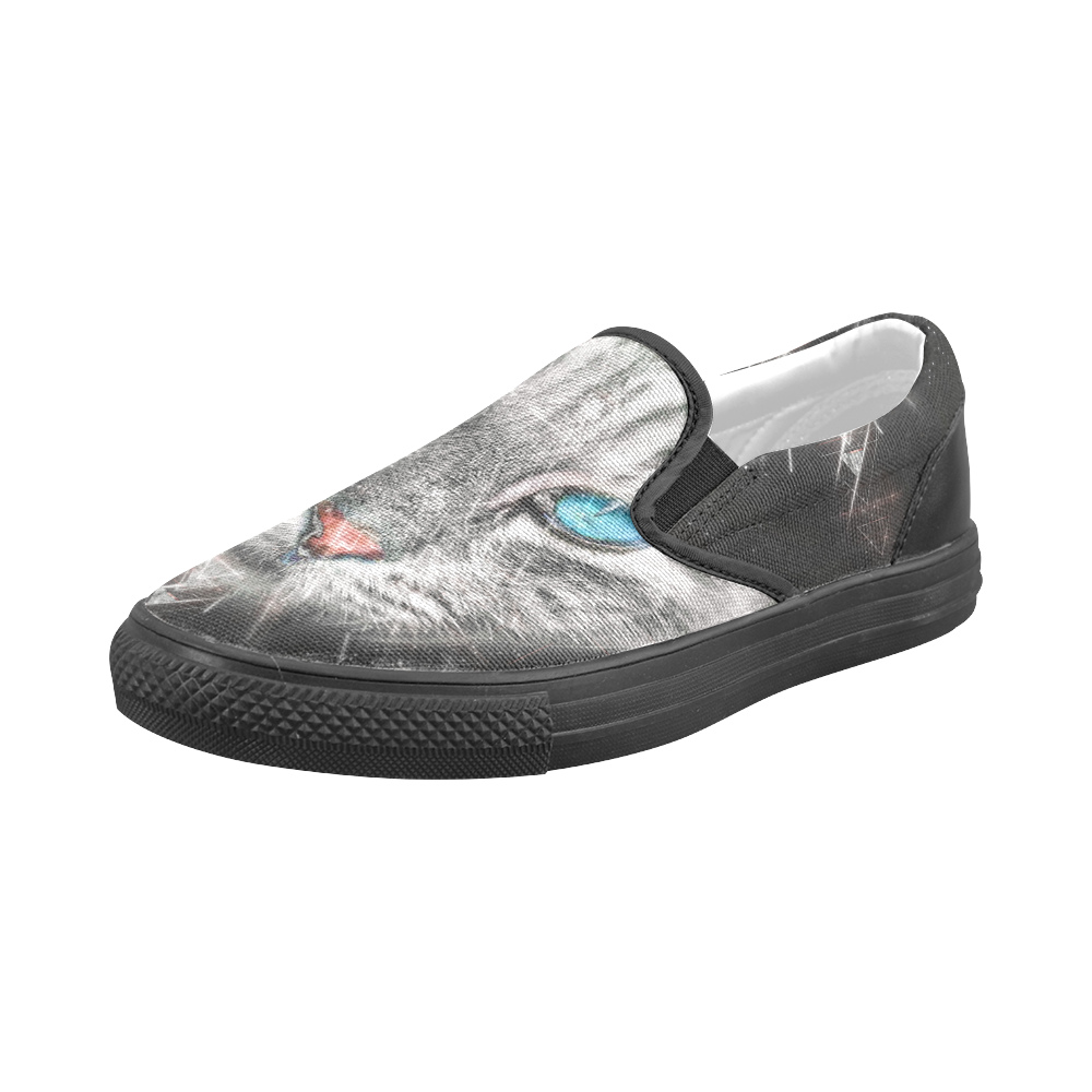 Silver Abstract Cat Face with blue Eyes Men's Slip-on Canvas Shoes (Model 019)