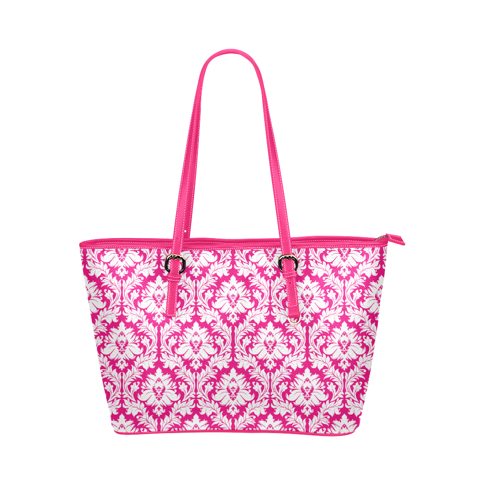 damask pattern hot pink and white Leather Tote Bag/Large (Model 1651)