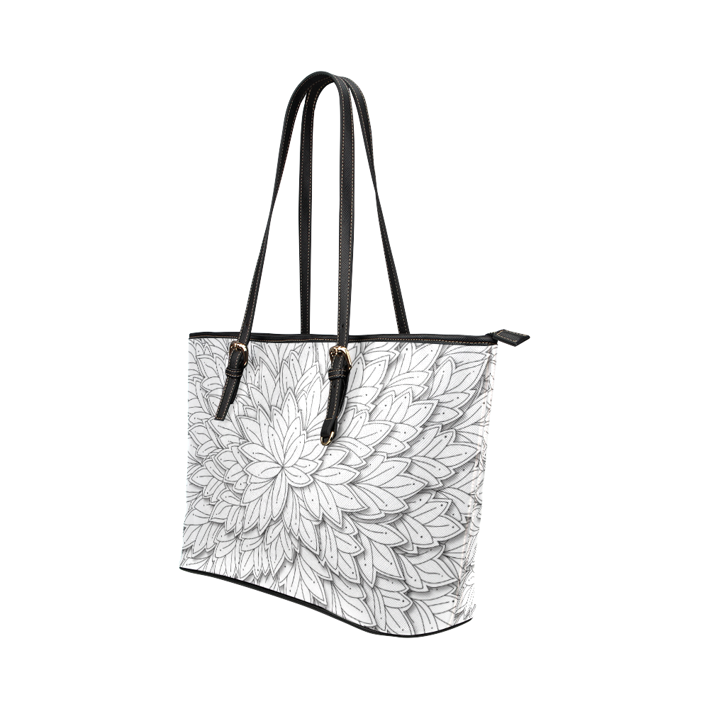 floating leaf pattern black white Leather Tote Bag/Large (Model 1651)