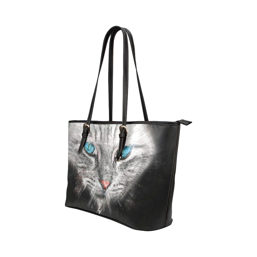 Silver Abstract Cat Face with blue Eyes Leather Tote Bag/Large (Model 1651)