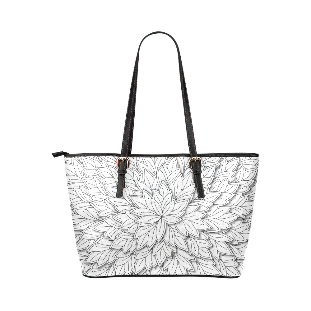 floating leaf pattern black white Leather Tote Bag/Large (Model 1651)