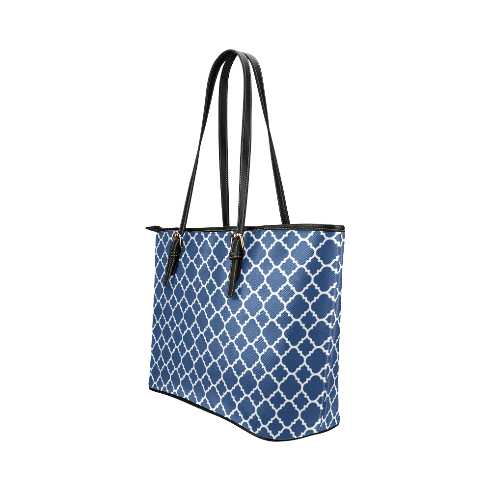 dark blue white quatrefoil classic pattern Leather Tote Bag/Large (Model 1651)