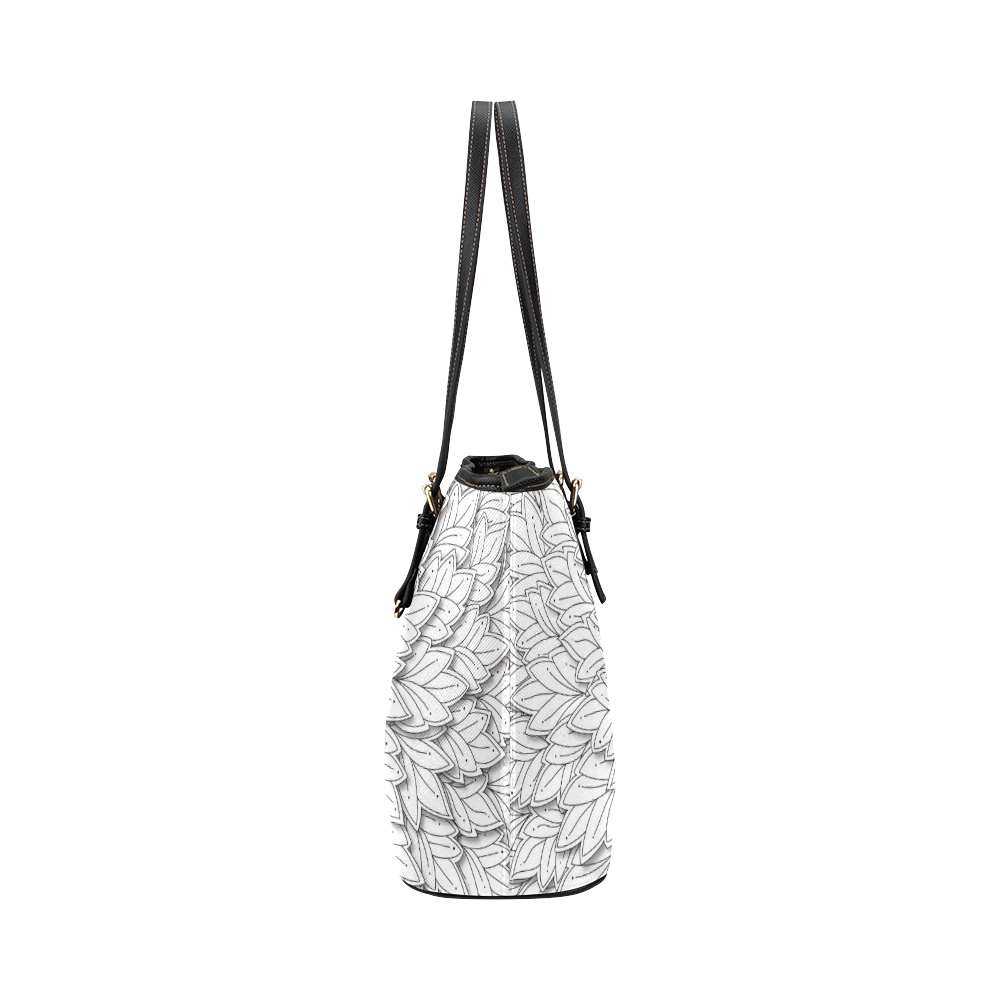 floating leaf pattern black white Leather Tote Bag/Large (Model 1651)