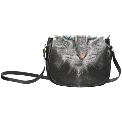 Silver Abstract Cat Face with blue Eyes Classic Saddle Bag/Large (Model 1648)