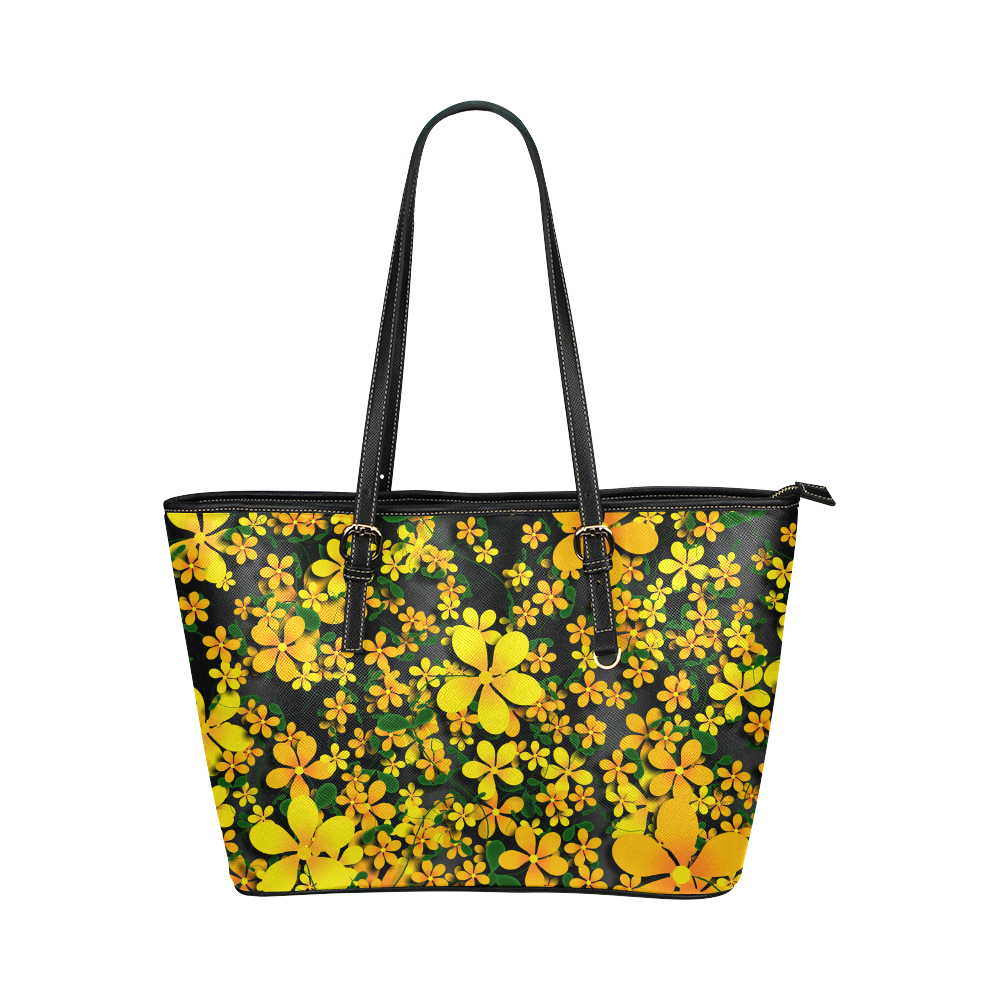 Orange & Yellow Flowers on Black Leather Tote Bag/Small (Model 1651)