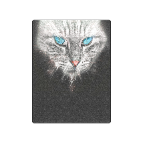 Silver Abstract Cat Face with blue Eyes Blanket 50"x60"