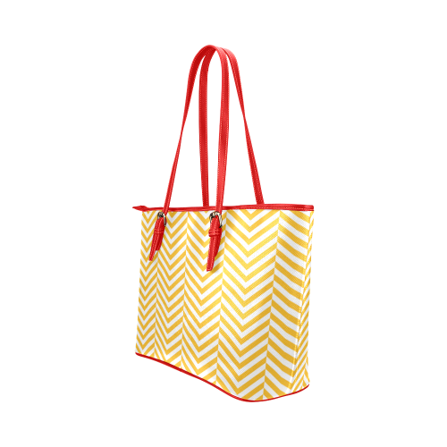 sunny yellow and white classic chevron pattern Leather Tote Bag/Large (Model 1651)