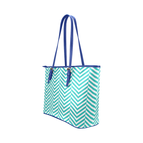 turquoise and white classic chevron pattern Leather Tote Bag/Small (Model 1651)
