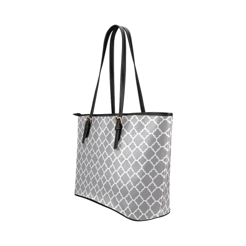 grey white quatrefoil classic pattern Leather Tote Bag/Large (Model 1651)