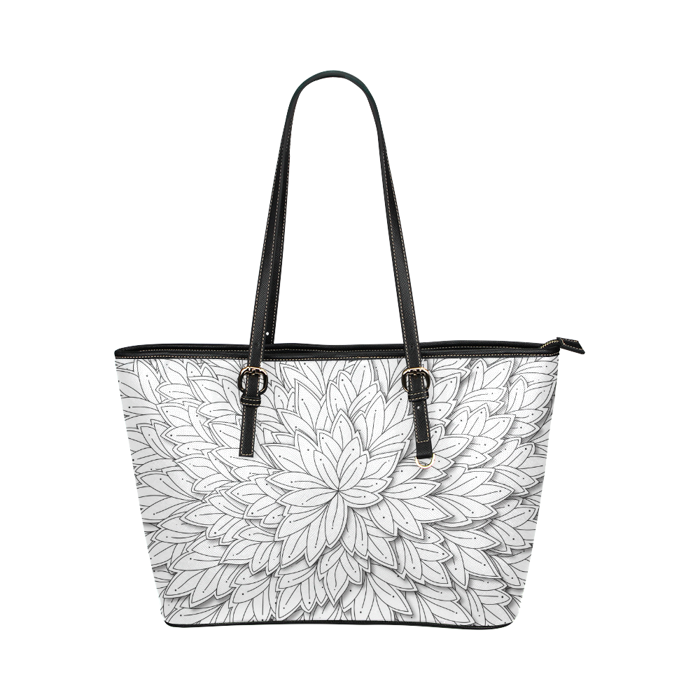 floating leaf pattern black white Leather Tote Bag/Large (Model 1651)