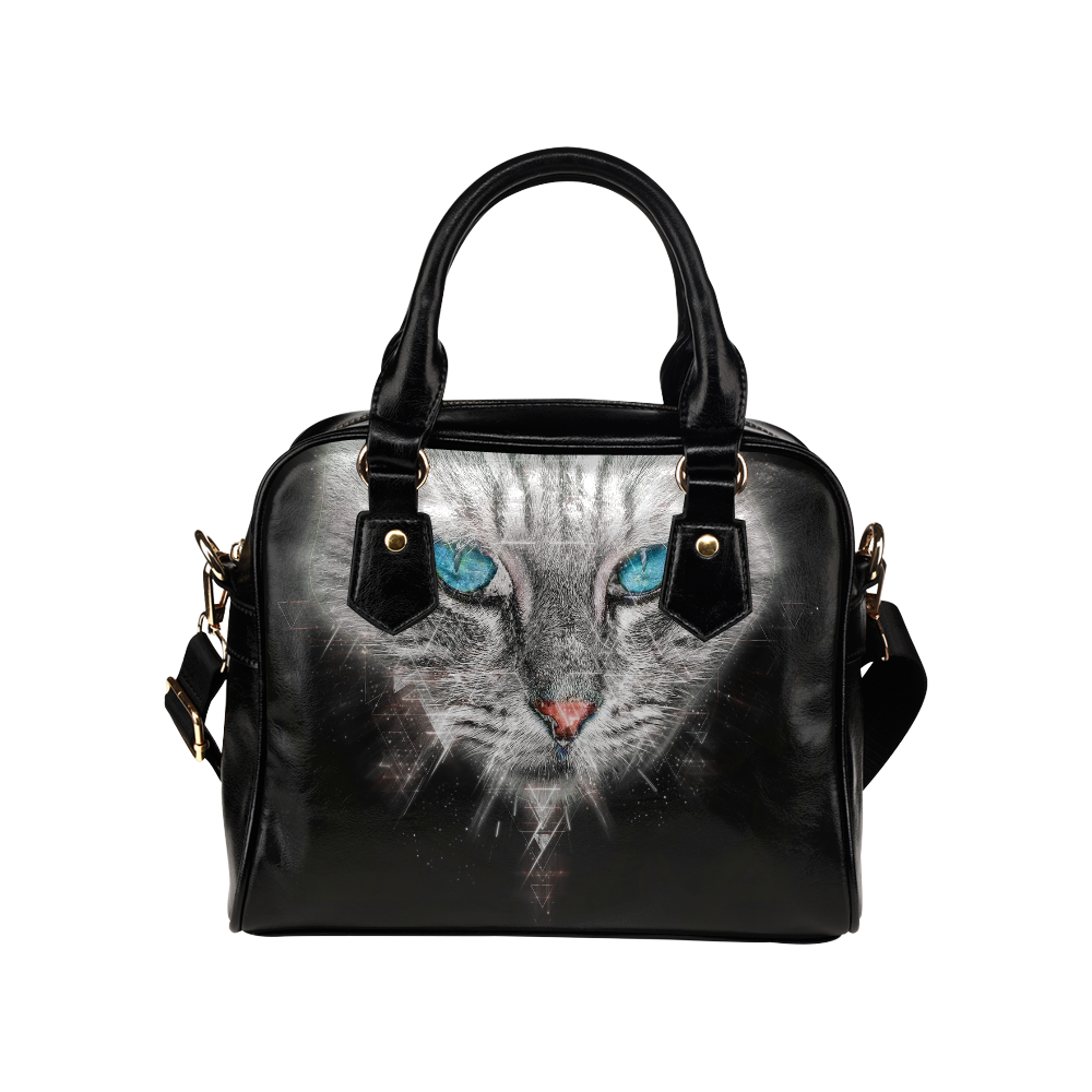 Silver Abstract Cat Face with blue Eyes Shoulder Handbag (Model 1634)