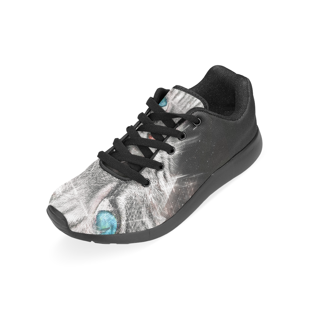 Silver Abstract Cat Face with blue Eyes Men’s Running Shoes (Model 020)