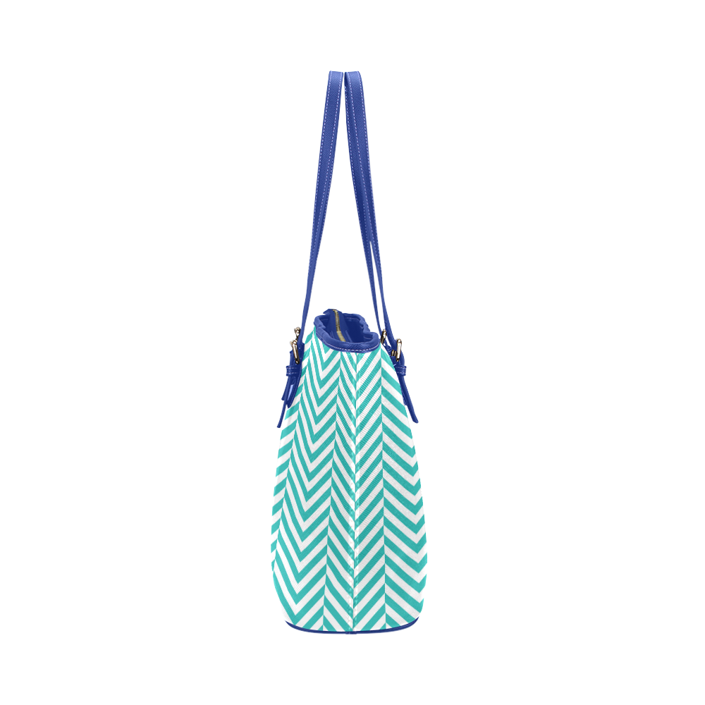 turquoise and white classic chevron pattern Leather Tote Bag/Small (Model 1651)