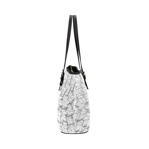 floating leaf pattern black white Leather Tote Bag/Large (Model 1651)