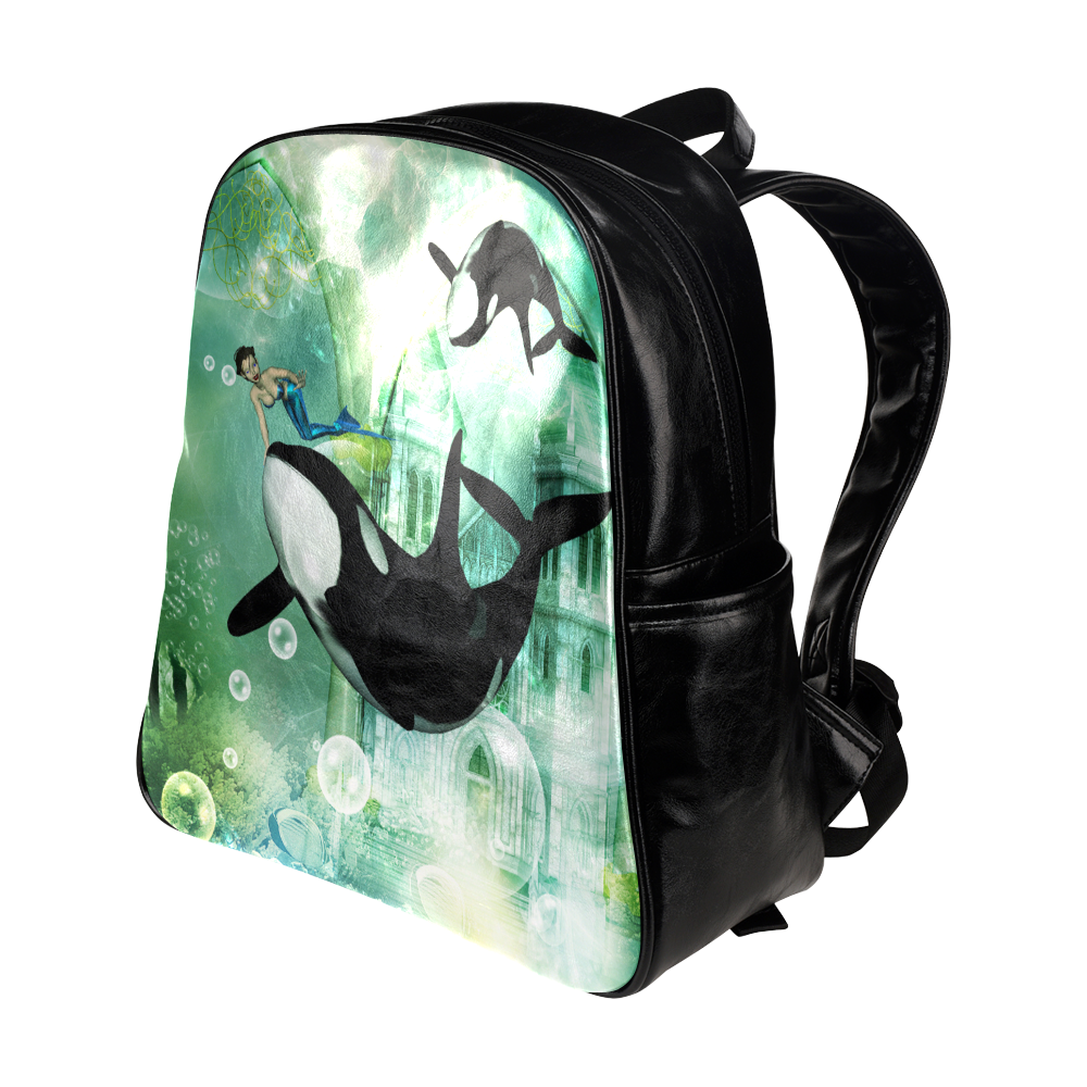 Orca with mermaid Multi-Pockets Backpack (Model 1636)