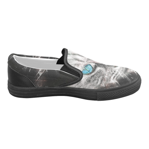 Silver Abstract Cat Face with blue Eyes Men's Slip-on Canvas Shoes (Model 019)