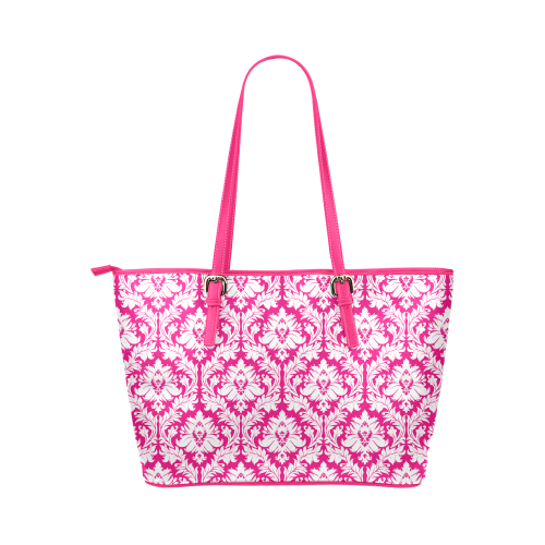 damask pattern hot pink and white Leather Tote Bag/Large (Model 1651)