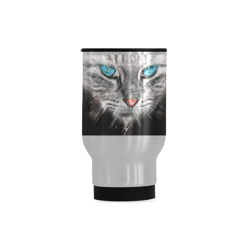 Silver Abstract Cat Face with blue Eyes Travel Mug (Silver) (14 Oz)