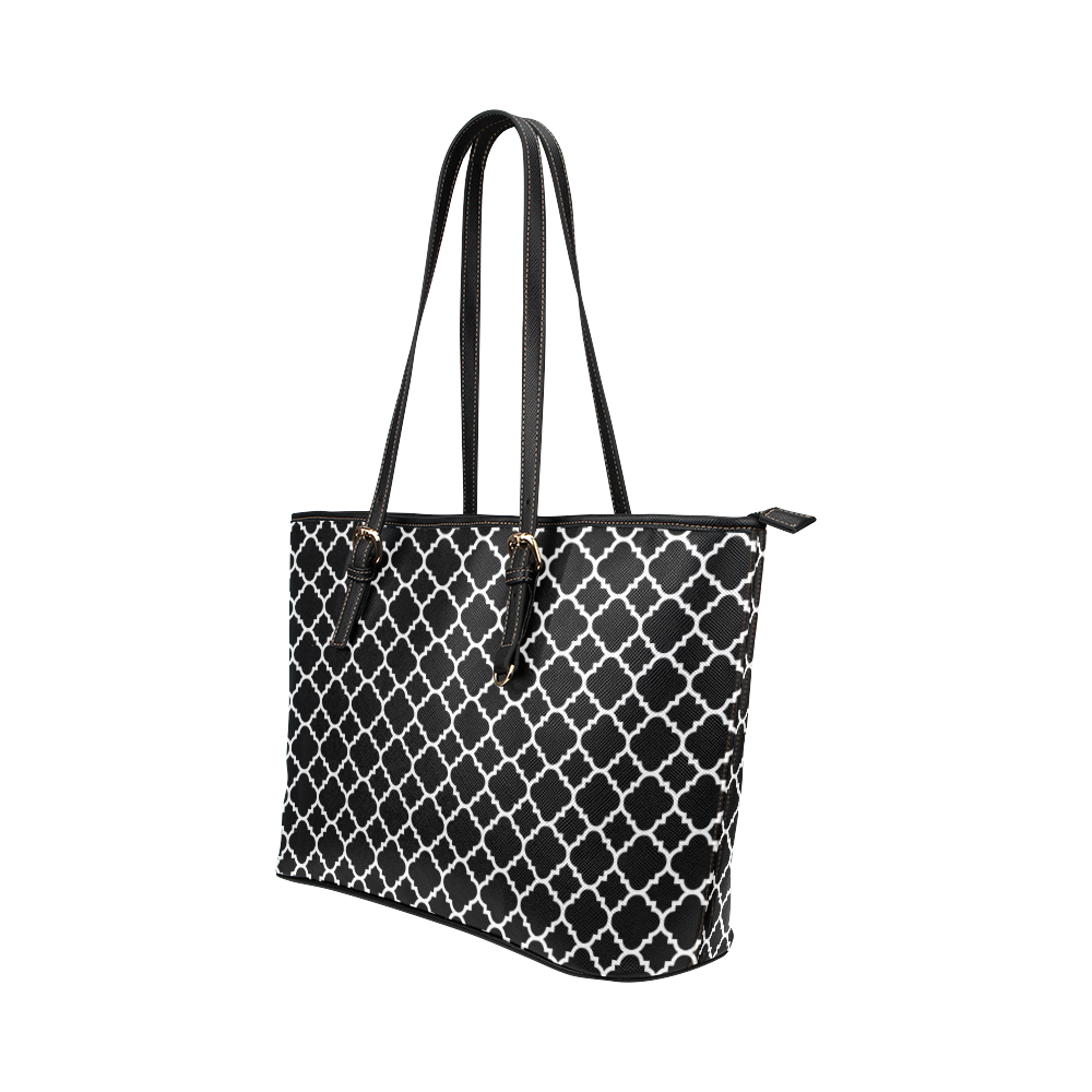 black white quatrefoil classic pattern Leather Tote Bag/Small (Model 1651)