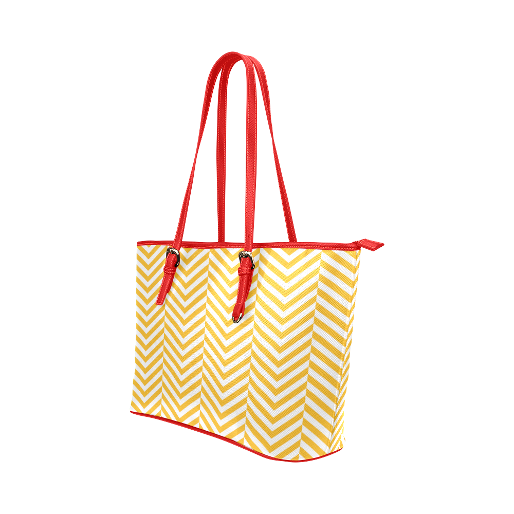 sunny yellow and white classic chevron pattern Leather Tote Bag/Large (Model 1651)
