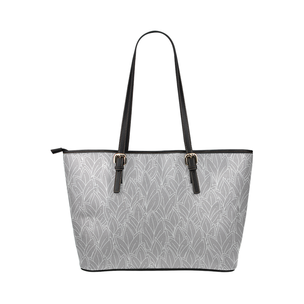doodle leaf pattern grey & white Leather Tote Bag/Large (Model 1651)