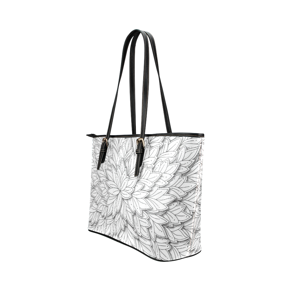 floating leaf pattern black white Leather Tote Bag/Large (Model 1651)