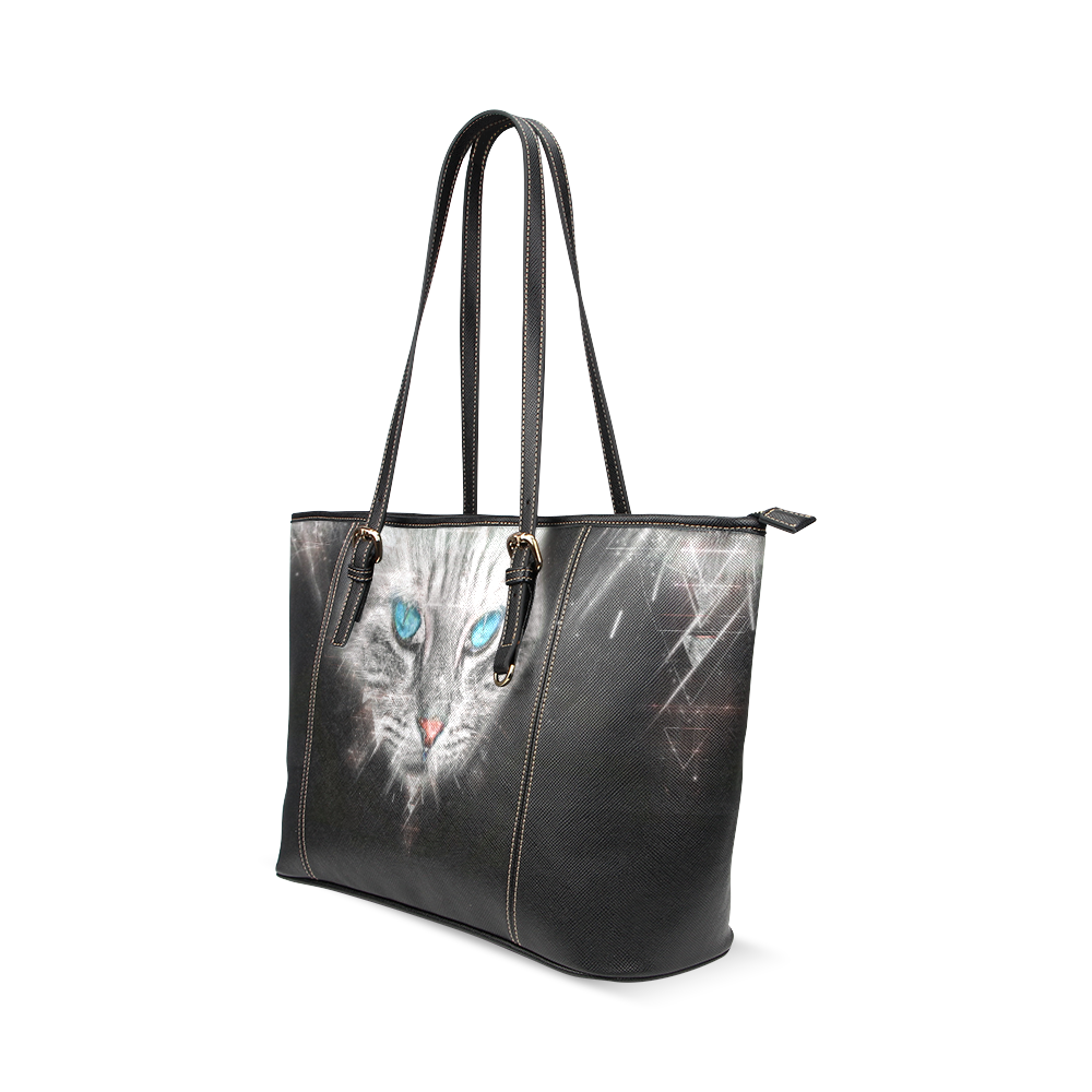 Silver Abstract Cat Face with blue Eyes Leather Tote Bag/Small (Model 1640)
