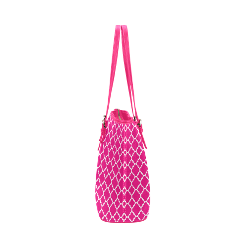 hot pink white quatrefoil classic pattern Leather Tote Bag/Large (Model 1651)