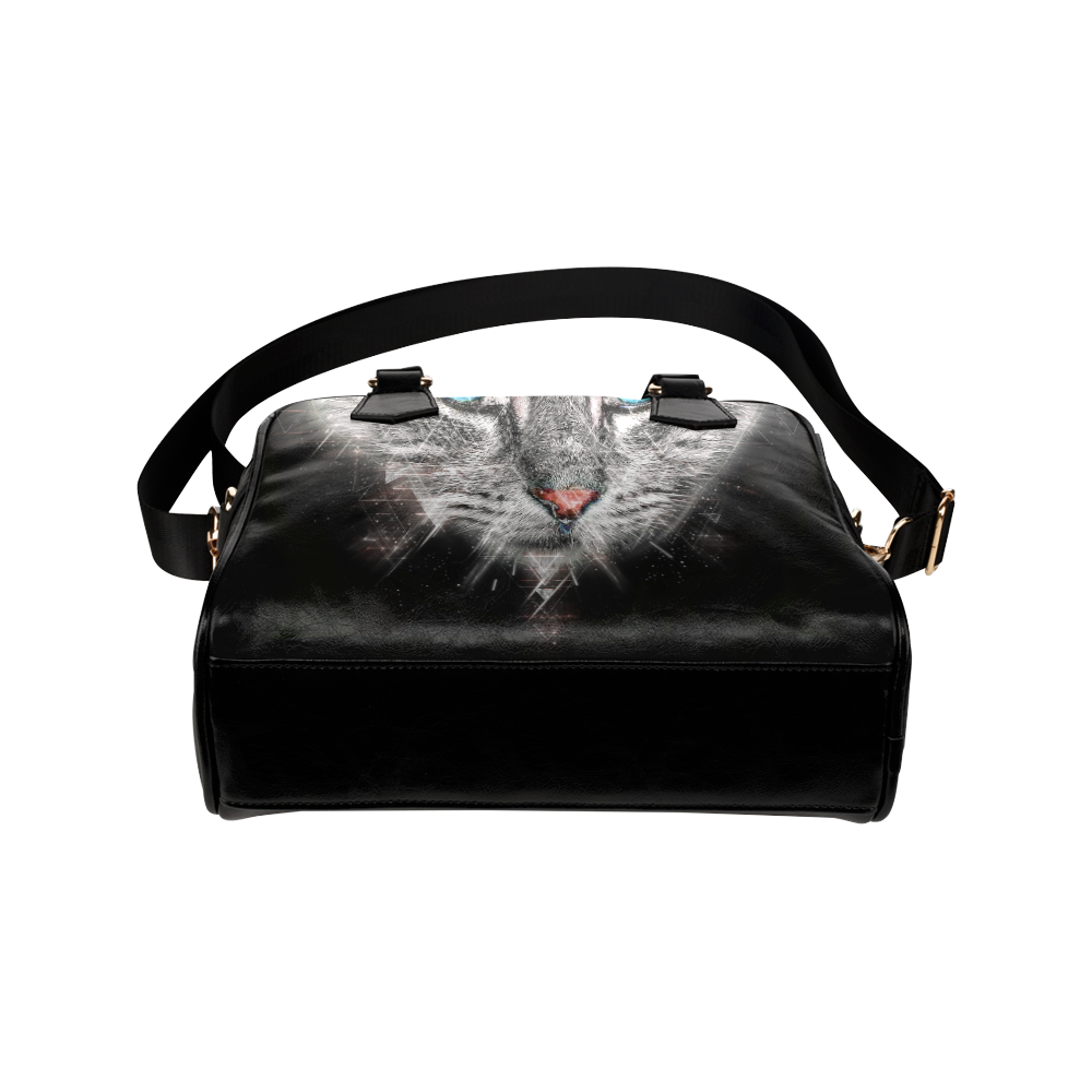 Silver Abstract Cat Face with blue Eyes Shoulder Handbag (Model 1634)